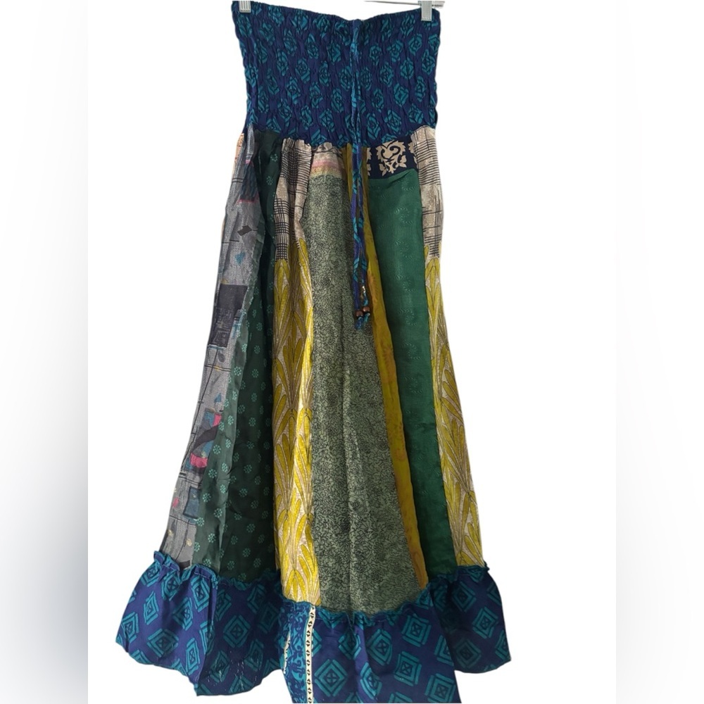 Smocked Strapless Patchwork Midi Dress in Teal, Green & Yellow